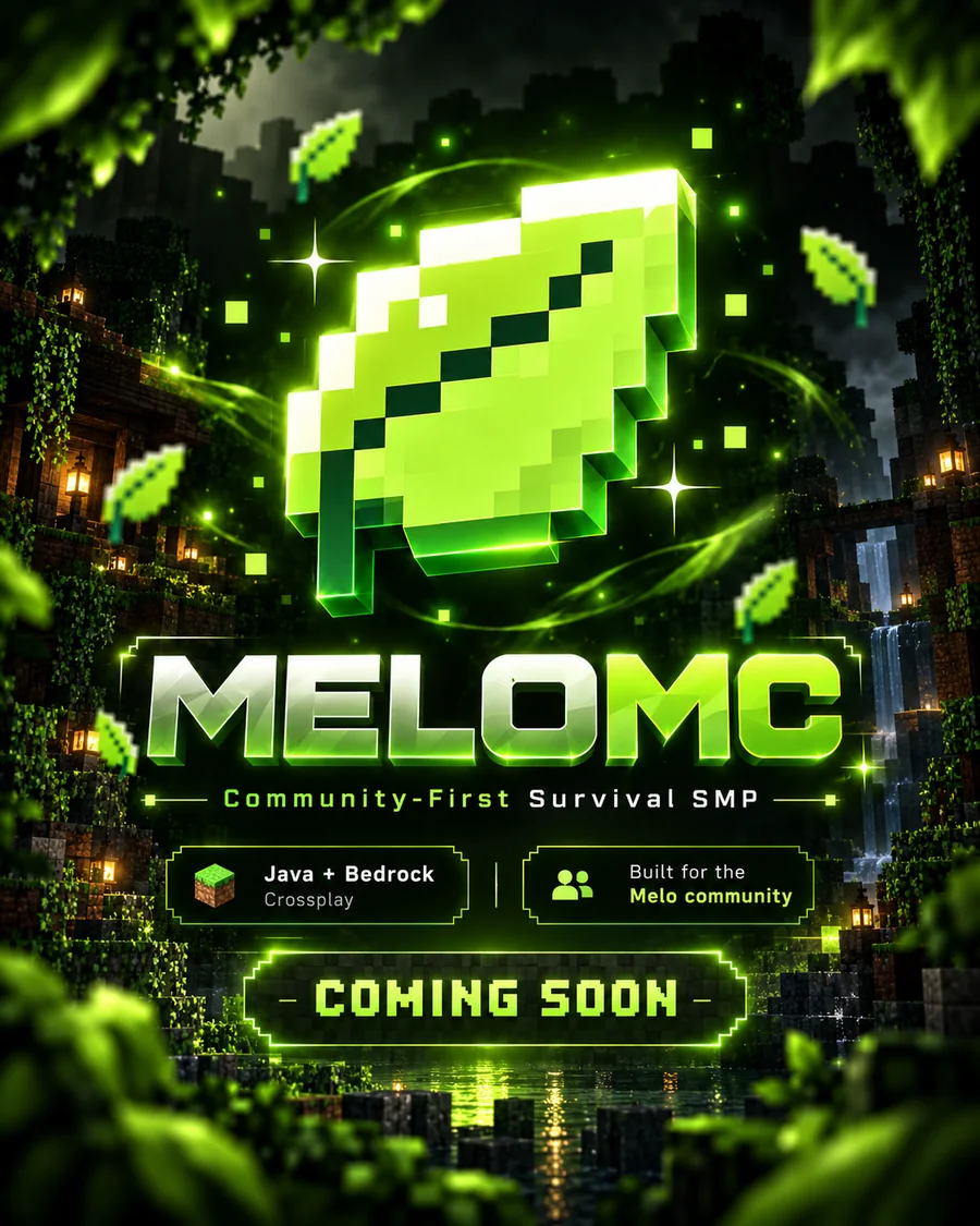 MeloMC neon green Minecraft leaf announcement poster — coming soon